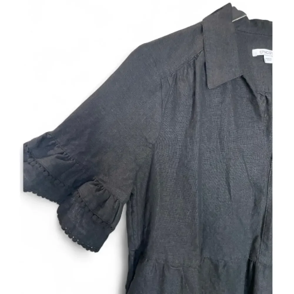 Chico’s 100% Linen Tiered Shirt Dress Black Ruffle Sleeve Pockets Size 0.5